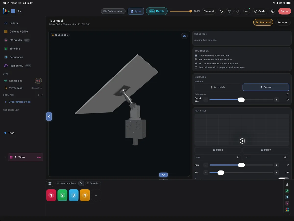 Tournesol interface in Lumographe on iPad: 3D view, pan/tilt pad and rig settings